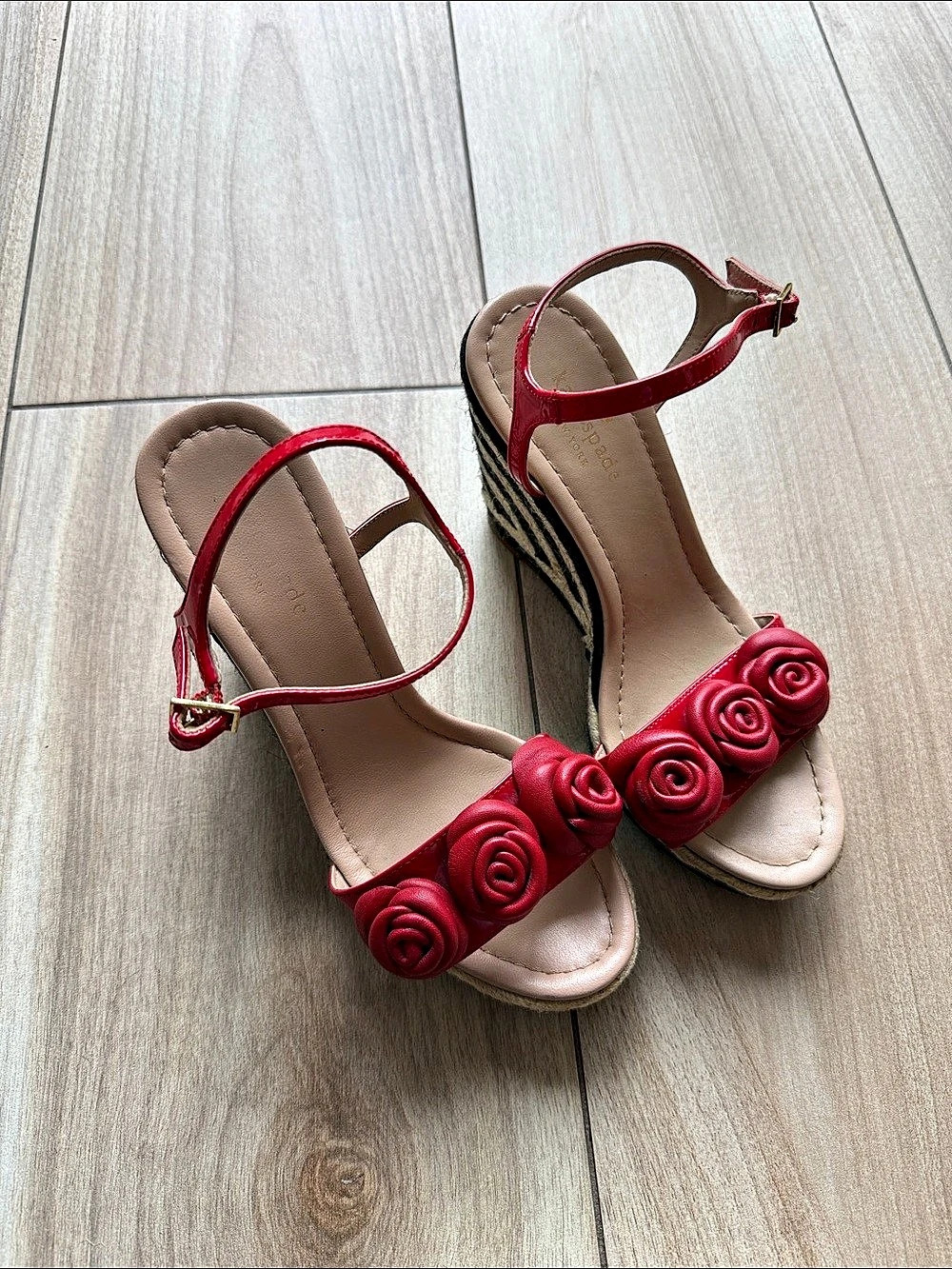 Kate Spade New York Jill Espadrille Wedge Red Rose Striped Sandals Twee - Picture 2 of 8